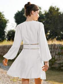 Chiquease Textured Woven Lace Hollow Out Yellow Mini Dress, Spring & Summer Elegant Fashionable Style For Spring Fall - White - View 6