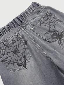 ROMWE Grunge Punk Große Größen Locker Sitzende Freundjeans mit Spinnen-Muster in Dunkelton