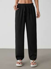 SHEIN PETITE 净色休闲纸袋腰结前裤 - 黑色 - 查看 8