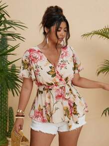 Flirla Große Größen V-Ausschnitt Rüschenärmel Chiffon bedruckte Taille geschnürt A-Linie elegante Vintage Sommer Urlaubs Bluse für Frauen - Verschiedenfarbig - Übersicht 1