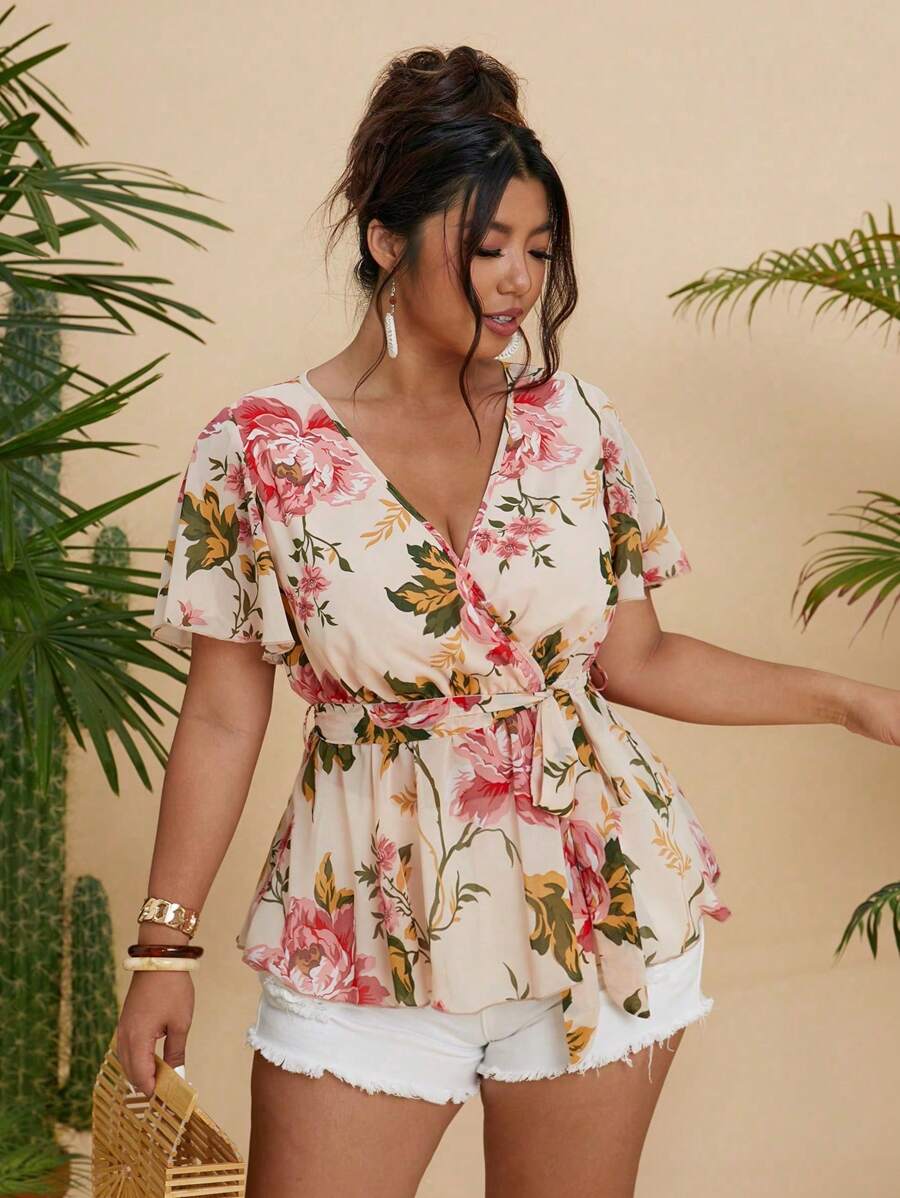 Flirla Große Größen V-Ausschnitt Rüschenärmel Chiffon bedruckte Taille geschnürt A-Linie elegante Vintage Sommer Urlaubs Bluse für Frauen - Verschiedenfarbig - Übersicht 1