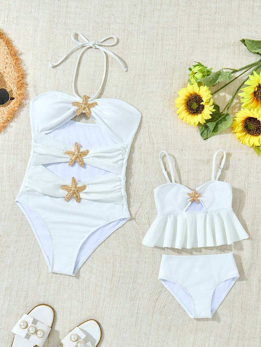 SHEIN 年轻女孩简约白色纯色时尚分体泳衣，两件套 - 白色 - 查看 1