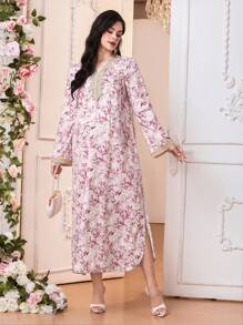 SHEIN 孕妇花卉印花 V 领喇叭袖连衣裙 - 淺粉色 - 查看 3