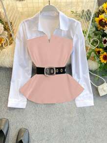 Franclia Áo sơ mi dài tay có cổ màu tương phản thường ngày dành cho nữ 2 trong 1 - Màu Hồng baby - Xem 4