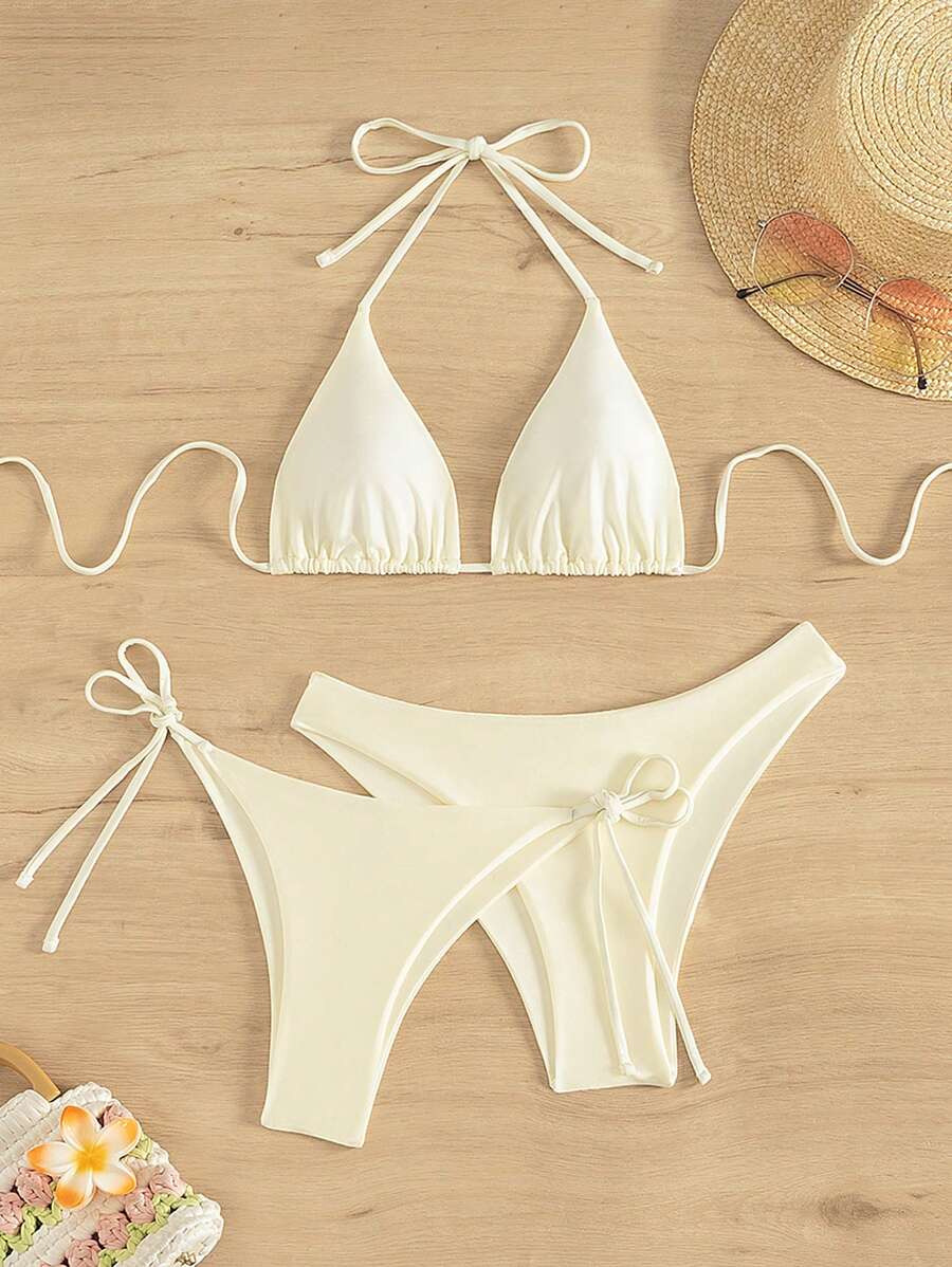 Swim Mod 3pcs/Set Women's Solid Color Vacation Beach Swimsuit For Summer - Mustard Yellow - View 1