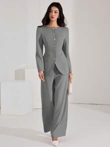 Heiryn Women's Solid Color Button Front Long Sleeve Blouse And Trouser Suit Set, Minimalist 2 Pieces Set In Fall/Winter - Grey - View 3