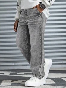 SHEIN 青少年男童时尚休闲复古水洗印花灰色牛仔宽松舒适直筒牛仔裤，酷炫男童感恩节男童柔软日常穿着及秋冬季童装