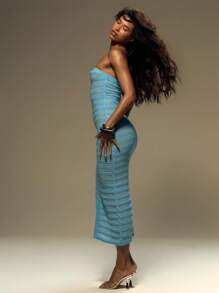 MUSERA Bandeau Pattern Knit Fitted Y2k Sweater Maxi Dress For Summer, Vacation, Festival Outfit Wilden Out, Wedding Guest, Beach Club Night Out Fall Winter  Chic - Blue - View 2