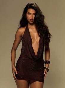 MUSERA Halter Cowl Neck Mesh Rhinestone Mini Dress Summer Vacation Festival Outfit Y2k Sexy Club Ibiza H1248 Holiday Beach Night Out Date Night, Night Out, Birthday, Grunge  Fall Winter  Elegant Spring