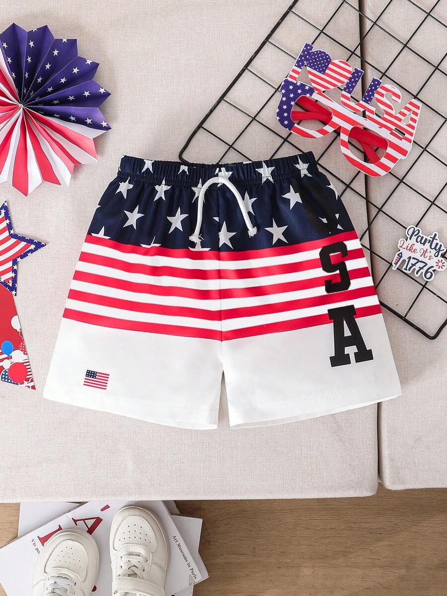 SHEIN 1pc Young Boy's Patriotic Patchwork Shorts, US Flag Logo, Casual Daily/Holiday/School Wear, Summer Getaway, Travel, Relax, Sunbathing - Multicolor - View 1