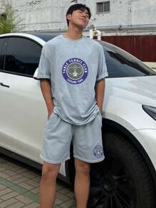 DAZY Summer Letter Print Sporty Grey Men's T-Shirt Set - Grey - View 5