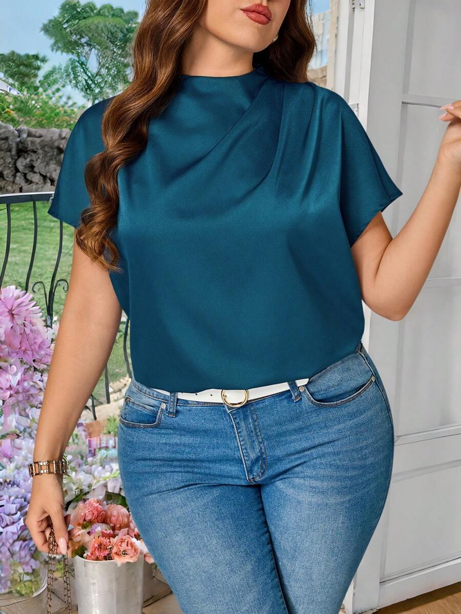 Celure Plus Size Women Satin Ruched Raglan Sleeve Back Button Elegant Blouse - Teal Blue - View 1