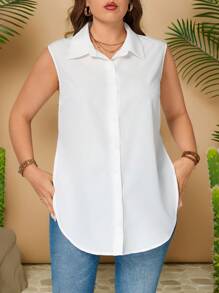 Calvaya 大码女式纯色无袖开衩下摆休闲衬衫 - 白色 - 查看 7