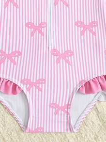 Baby Girl Bowknot Striped Ruffled One-Piece Swimsuit With Zipper Swimsuit Long Sleeve Girls Swimsuit Kids Swimsuits Long Sleeve Kids Swimsuit Long Sleeve Girls Long Sleeve Swim Suits Swim Suit For Girls Long Sleeve