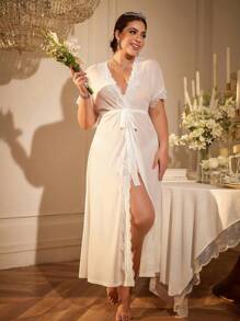 SHEIN Lace Trimmed Semi-Sheer Sexy Robe - White - View 3