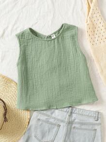 SHEIN Teens Girls' Casual Simple Comfortable Crew Neck Sleeveless Tie Front Design Blouse