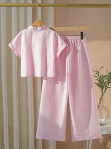 Set de 2 piezas de camisa de manga corta de algodón tejido a rayas con pantalones de pierna ancha para niñas, conjunto informal de primavera/verano para vacaciones - Rosa - Ver 8