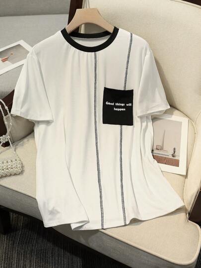 Mulvari 大码夏季休闲撞色拼布标语印花 T 恤