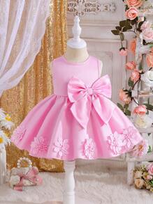 Baby Girls' Elegant High-Low Dress With Exquisite Bow & Floral 3D Decorations, Creating A Luxurious Visual Effect Suitable For Multiple Occasions - Coral Pink - View 7