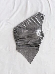 Soleia 单肩褶皱不对称设计银色涂层面料女式上衣，适合节日、约会、下午茶、度假、音乐节、波西米亚风