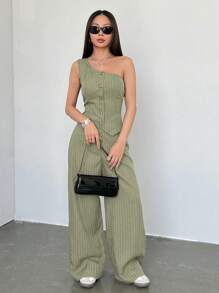 SHEIN Unity Áo hở vai sọc màu cà phê tối giản giản dị dành cho nữ 2 chiếc/bộ - màu xanh lá - Xem 4