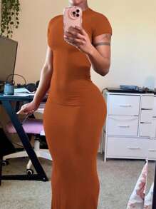 INAWLY Damen einfarbiges Kleid mit rundem Ausschnitt, kurzen Ärmeln und figurbetonter, eleganter Passform