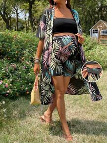 SHEIN 2pcs Suit: Vacation Style Floral Print Chiffon Blouse Short Sleeve Top And High Waist Shorts For Maternity In Summer - Black - View 1