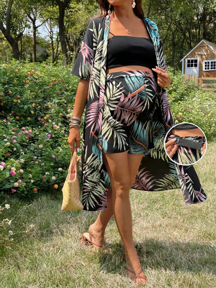 SHEIN 2pcs Suit: Vacation Style Floral Print Chiffon Blouse Short Sleeve Top And High Waist Shorts For Maternity In Summer - Black - View 1