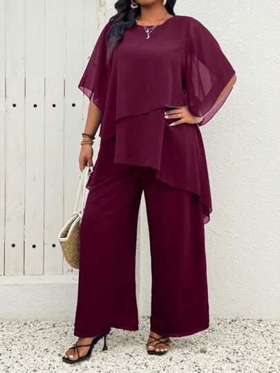 SHEIN Clasi Plus Size Chiffon Fabric Asymmetrical Cross Layer Ruffle Flared Sleeve Top + Double Layer Chiffon Wide Leg Pants 2 Pieces Set, Casual Wear For Outing, Vacation, Commute Women S Clothes Women Summer Sets Woman S Summer Clothes Women Plus Clothing Business Casual