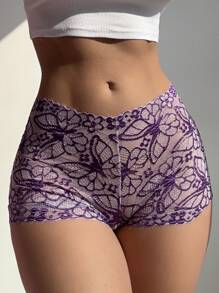 SHEIN 女士蕾丝蝴蝶图案透视性感内裤 - 紫色 - 查看 2