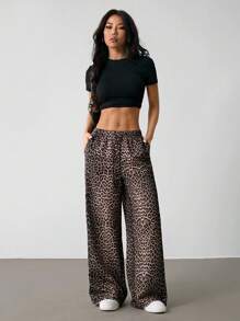 SHEIN PETITE Pantaloni larghi casual e dritti con stampa leopardata