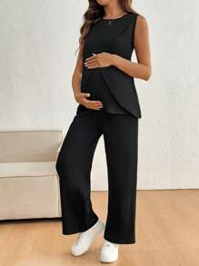 SHEIN Maternity Solid Color Casual Nursing Camisole And Pants Set, For Summer