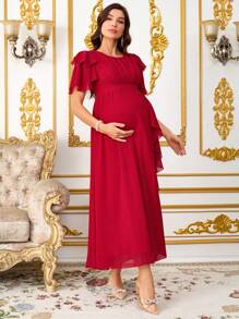 Loomaby Elegant Solid Color Ruffle Hem Side Slit Maternity Dress Baby Shower Maternity  Maxi Dresses Classy Outfits Red Dress Fairycore - Red - View 4