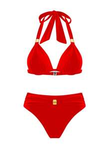 Swim Lushoire 2 件套女式分体比基尼泳衣，性感吊带纯色泳装，休闲优雅舒适度假泳衣 - 紅色 - 查看 4