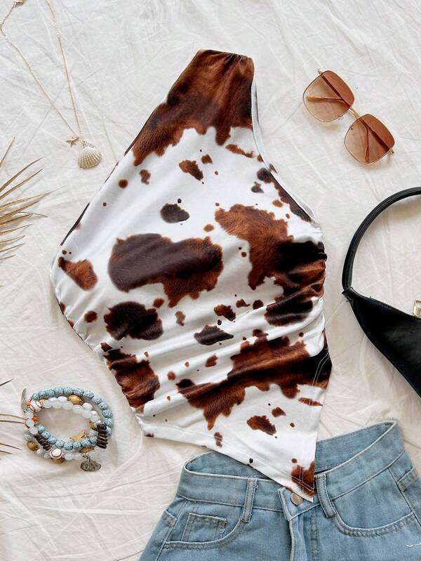 Soleia Bluză de damă ocazională de vacanță Western Cow Print, potrivită pentru plajă, invitat la nuntă, absolvire, brunch, ziua Sf. Patrick, vacanță de primăvară, Paște, festivaluri de muzică, boem elegant, tropical, top cu umeri, primăvară/vară