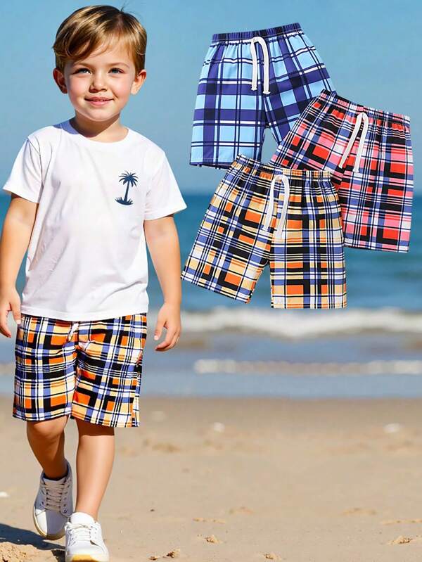 3pcs/Set Young Boy Casual Colorful Plaid Shorts Set, Suitable For Beach, Holiday, Summer