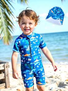 2pcs/Set Cute Toddler Boys' Tropical Coconut Tree Vacation Swimsuit, Zip Front, With Sun Protection Hat, Blue Tie Dye Short Sleeve One-Piece Swimwear - Navy Blue - View 1