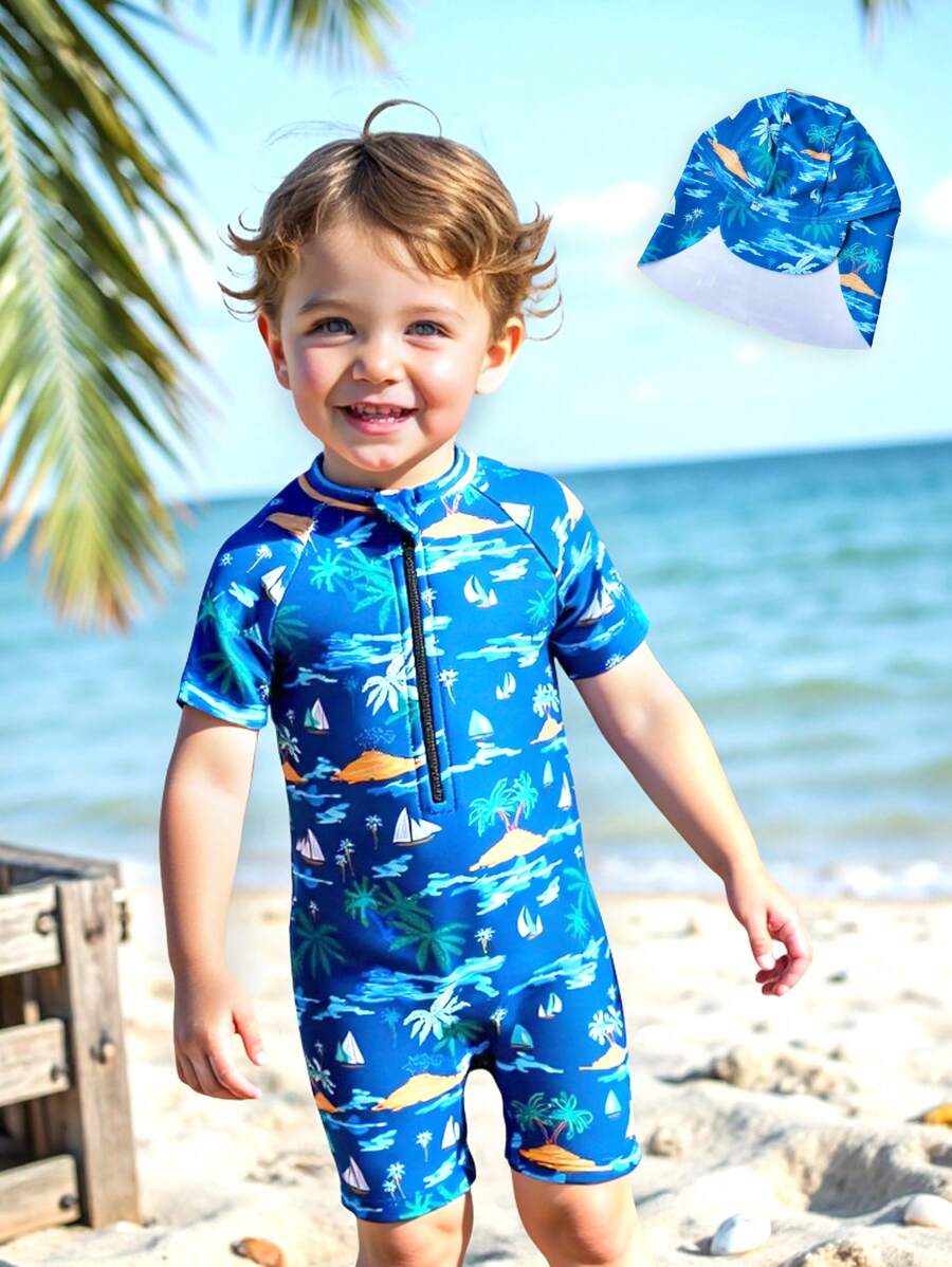 2pcs/Set Cute Toddler Boys' Tropical Coconut Tree Vacation Swimsuit, Zip Front, With Sun Protection Hat, Blue Tie Dye Short Sleeve One-Piece Swimwear - Navy Blue - View 1