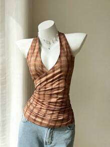 SHEIN Áo cánh kẻ caro cổ chữ V nhún eo buộc cổ thời trang nữ, mùa xuân và mùa hè - Màu Khaki - Xem 2