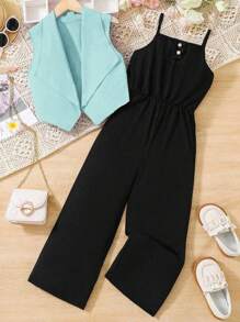 Tween Girl Solid Sleeveless Tank Top And Pants 2 Pieces Set, Fashionable For Summer - Multicolor - View 1