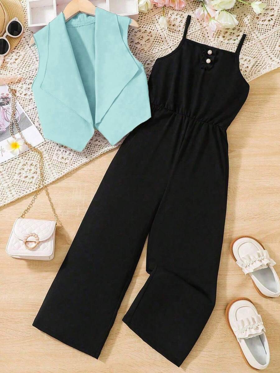 Tween Girl Solid Sleeveless Tank Top And Pants 2 Pieces Set, Fashionable For Summer - Multicolor - View 1