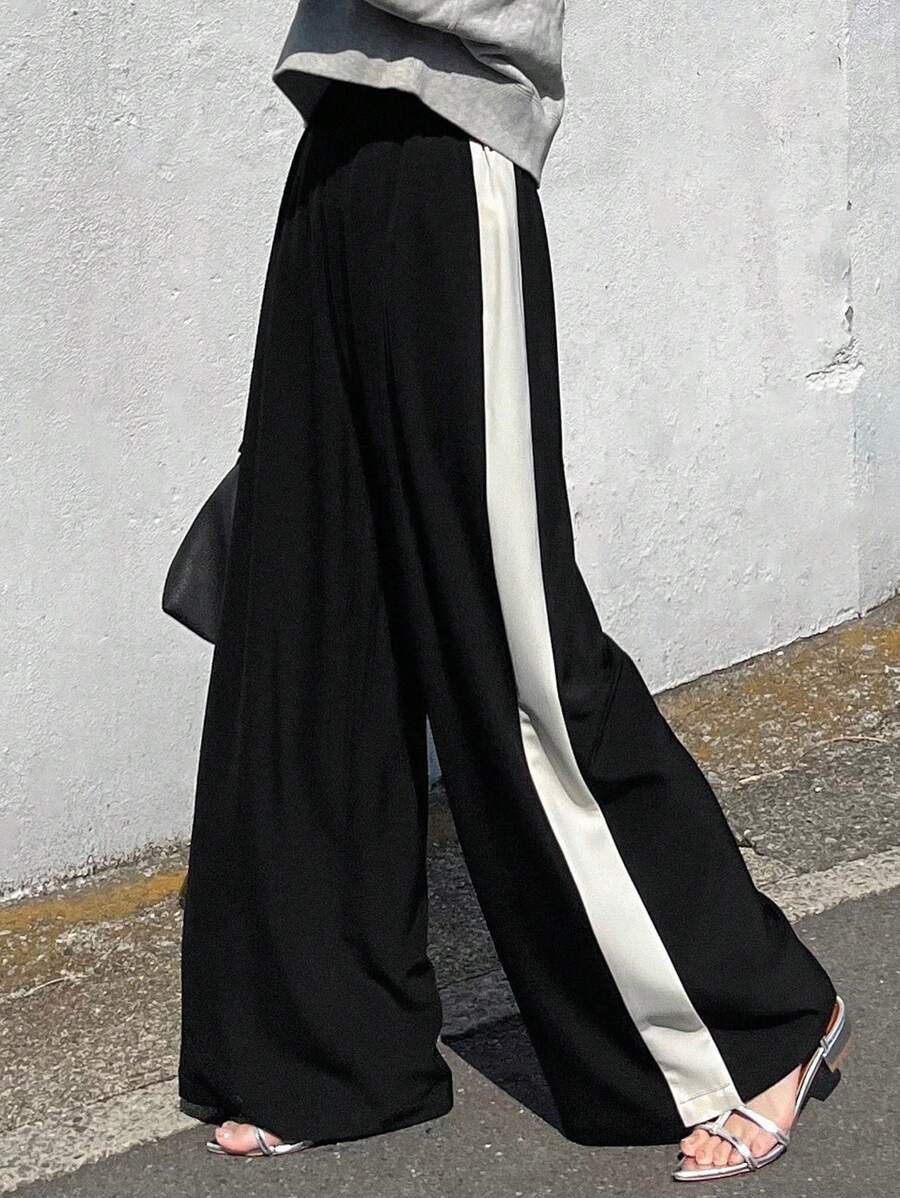 FRIFUL Women High Waist Straight Leg Pants, Color Block Business Casual Trousers, Spring/Summer - Black - View 1