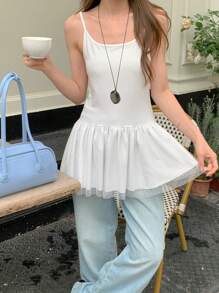 DAZY Top de camisola y top de muñeca con volantes, de unicolor, de red con parches, para el verano