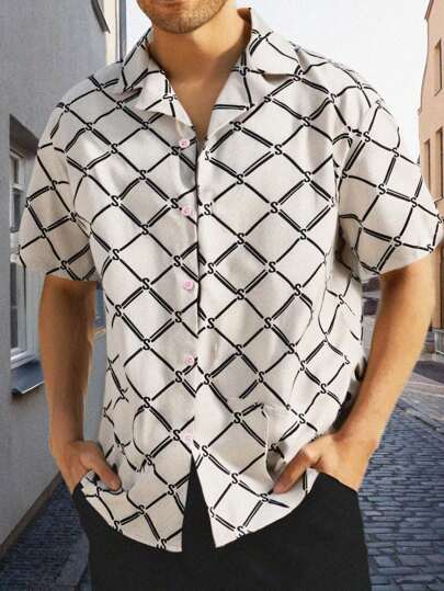 SHEIN Teen Boys' Rhombus Print Short Sleeve Casual Beach Vacation Shirt, Soft & Comfortable, Versatile For Everyday, School, Travel, Sports, Vacation