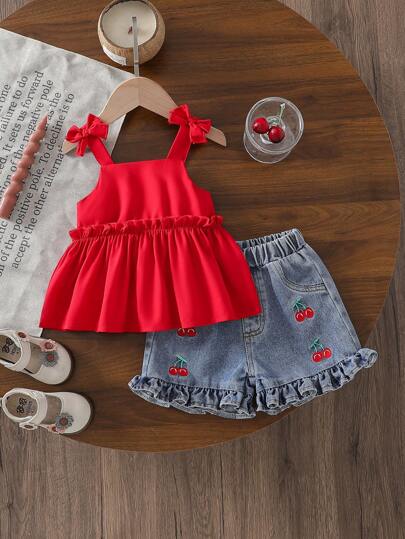 SHEIN 女婴夏季两件套服装，红色吊带上衣和樱桃刺绣牛仔短裤，适合外出、休闲家居服、轻运动和趣味派对