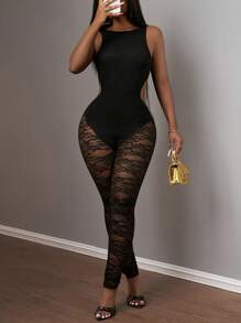 Slaydiva Women's Lace Jumpsuit, Sleeveless Round Neck Sexy Streetwear For Party And Music Festival, Spring/Summer - Black - View 3