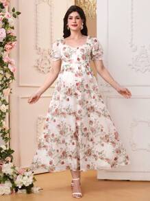 SHEIN 孕妇花卉印花 V 领短款泡泡袖优雅孕妇装 - 彩色 - 查看 4