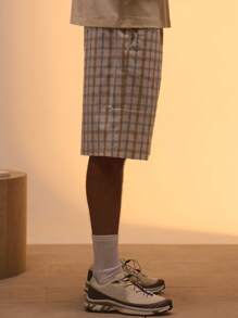 Musero 弹力腰带格纹短裤，春夏街头风 - 卡其色 - 查看 3