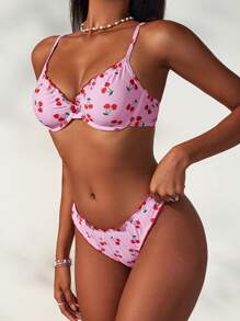 Swim Mod Conjunto de traje de baño con estampado de cerezas y volantes floral dulce para mujer