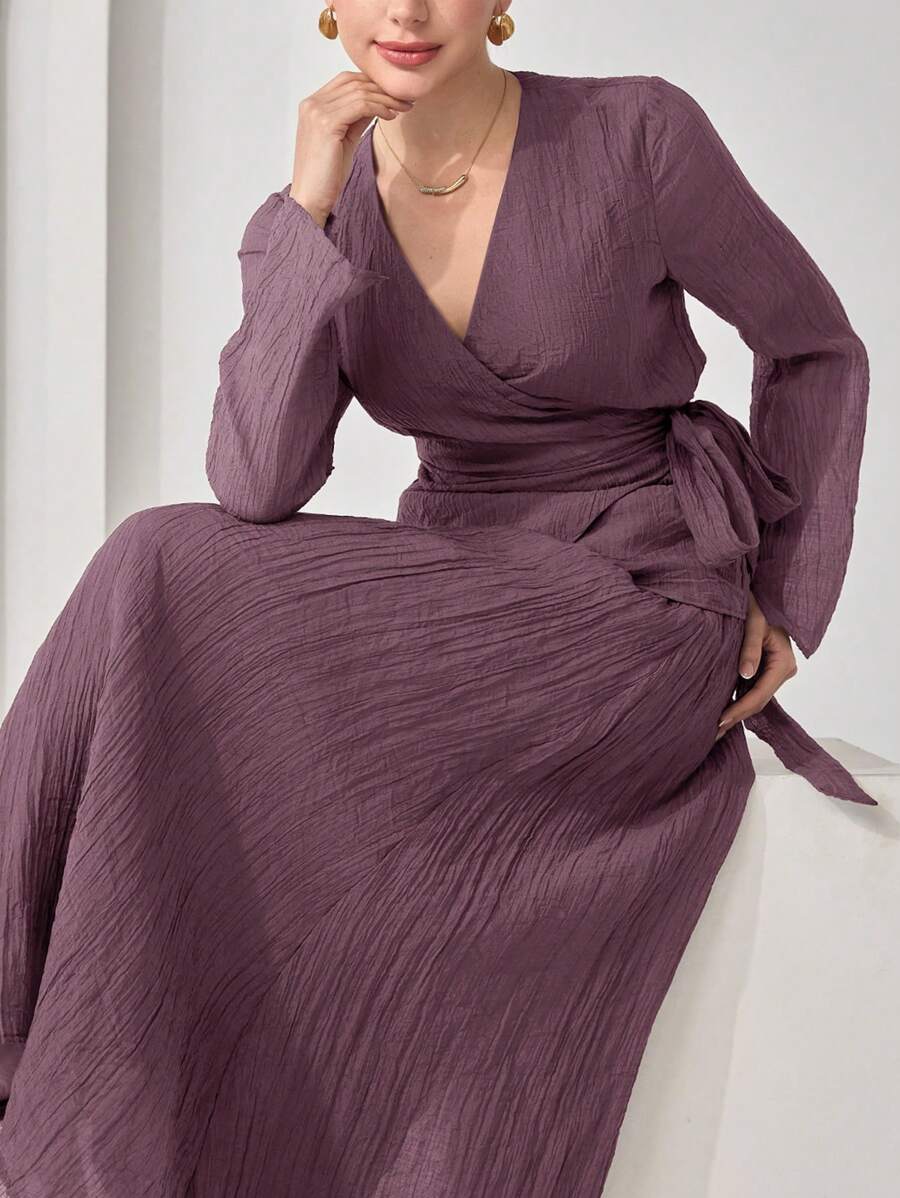 Veilorie 2件套女士优雅纯色系带衬衫和A字裙套装 - 淺灰紫 - 查看 1